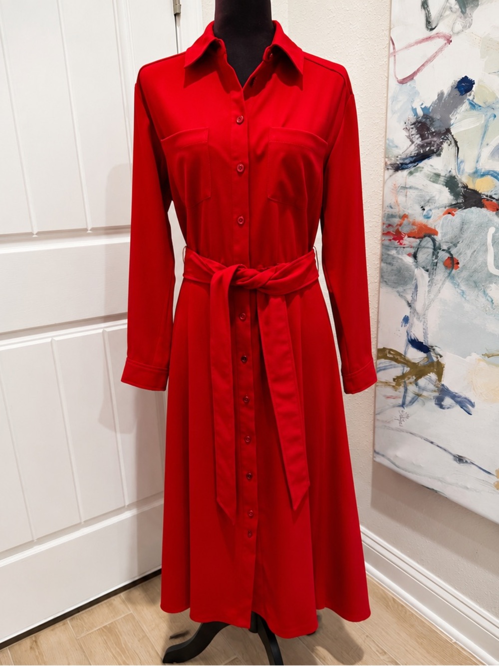 Veronica Beard Red Long-Sleeve Shirt Dress w/Waist Tie seen on Meghan Markle 6